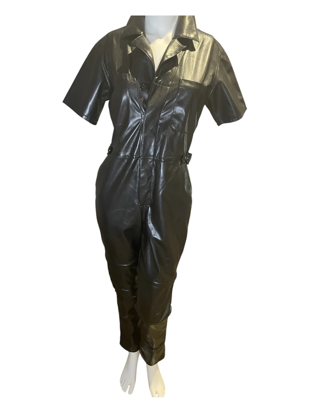 Black Vegan Leather Loose Jumpsuit.  Short sleeved with adjustable pant legs.